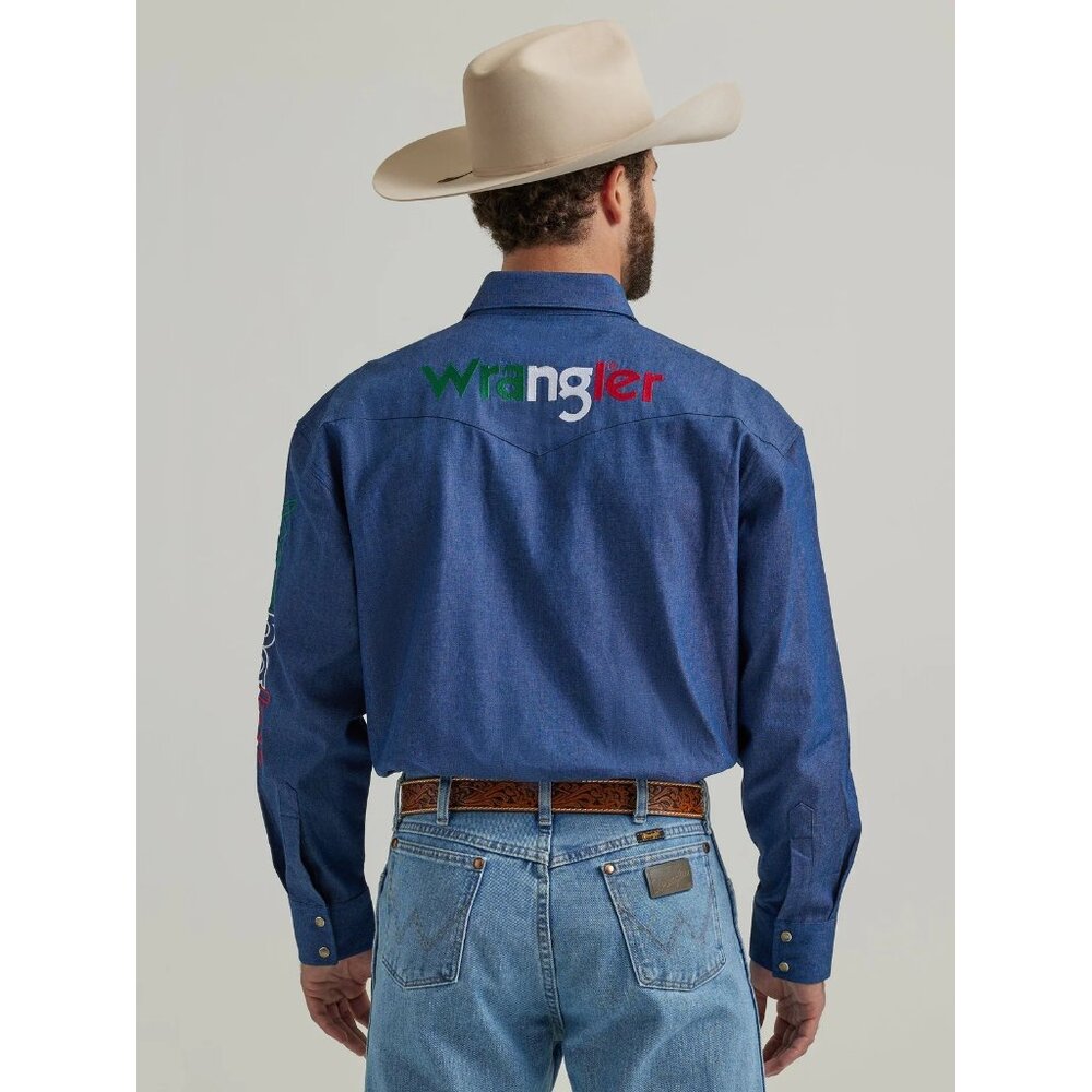 Wrangler Mens Logo Mexican Denim Western Snap Shirt